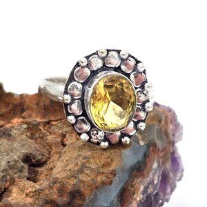 925 Sterling Silver Plt Round Citrine Ring Size 10 Bezel Setting Fine Jewelry